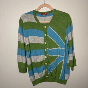 Boden Cardigan Sweater Womens 16 Large Abstract Stripes Cotton Cashmere Angora